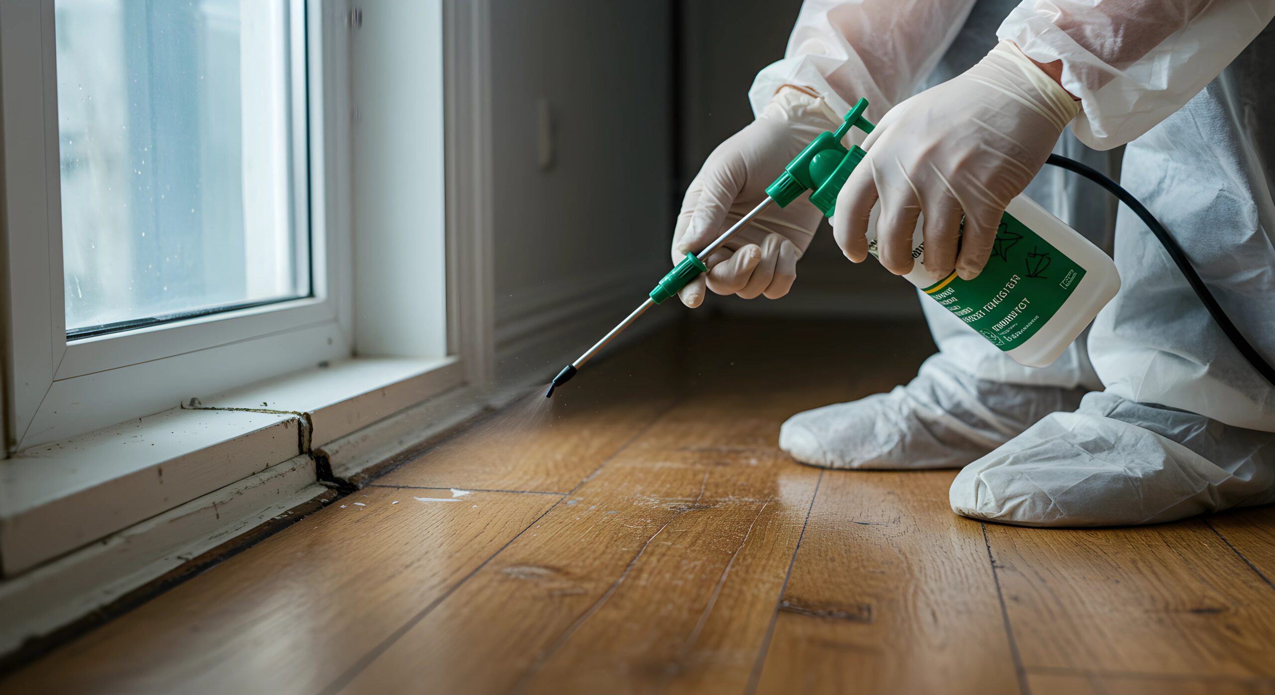 pest control treatment on wooden floor with spray